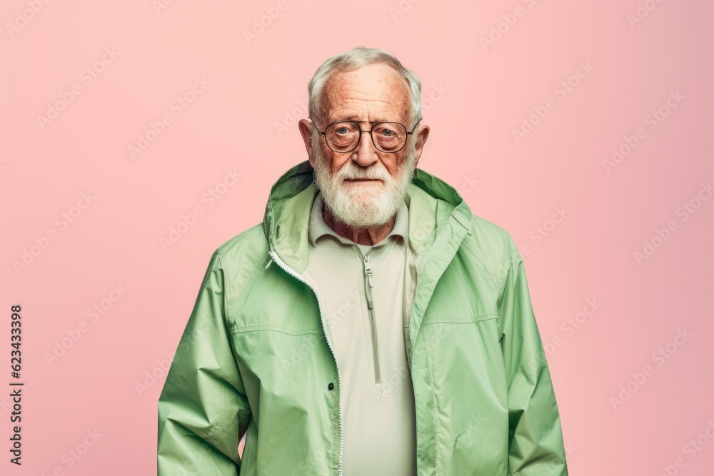 Medium shot portrait photography of a satisfied old man wearing a lightweight windbreaker against a pastel green background. With generative AI technology Medium shot portrait photography of a satisfied old man wearing a lightweight windbreaker against a pastel green background. With generative AI technology
