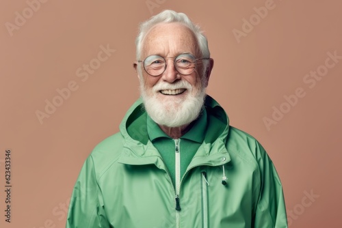 Medium shot portrait photography of a satisfied old man wearing a lightweight windbreaker against a pastel green background. With generative AI technology