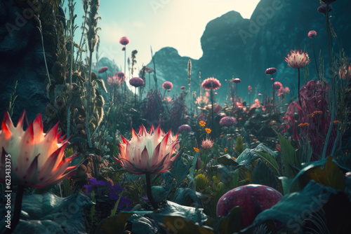 incredible fantasy world, fantastic field with flower generative ai © Poter