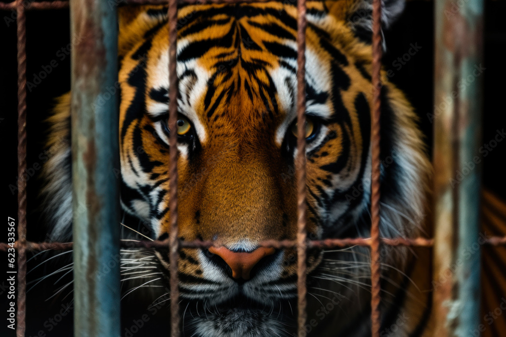 tiger in a cage, wild animals in captivity generative ai