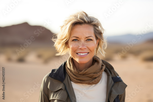 AI generated image of happy mature senior woman on beach or desert © Kalim