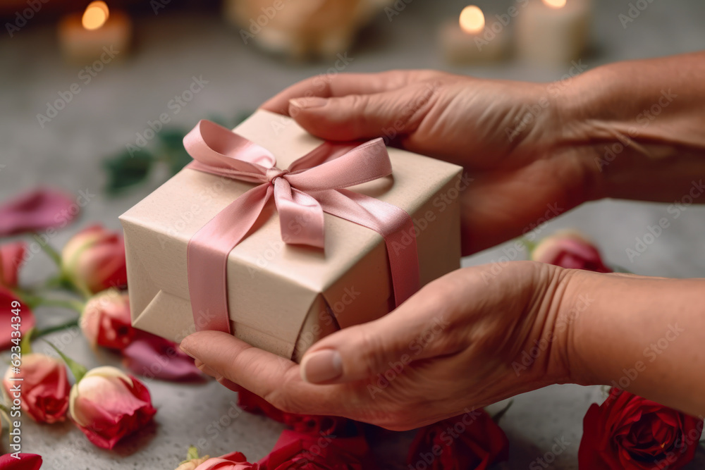 woman holding a gift box in her hands, bring joy to loved ones generative ai