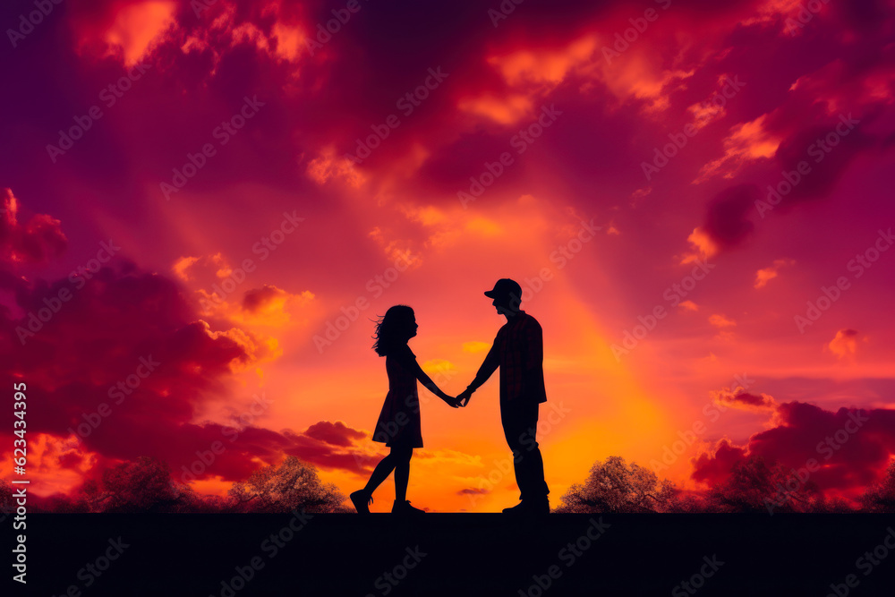 couple in love on the background of the sunset sky and red sun generative ai