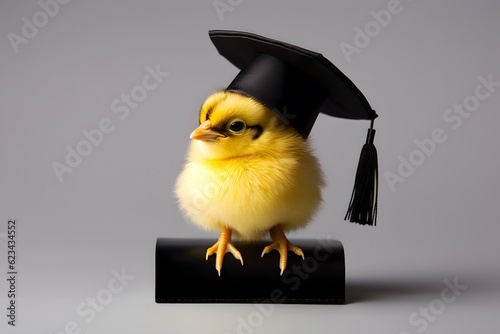 a baby chicken in graduation hat over white background.