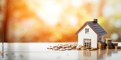 Business and investment growth concept with model house and coin in blur background