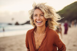 AI generated image of happy mature senior woman on beach or desert