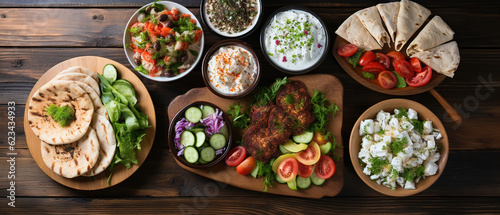 Traditional Greek Food Feast: Selection of Salad, Meze, Pie, Fish, Tzatziki, Dolma on Wooden Background, Top View