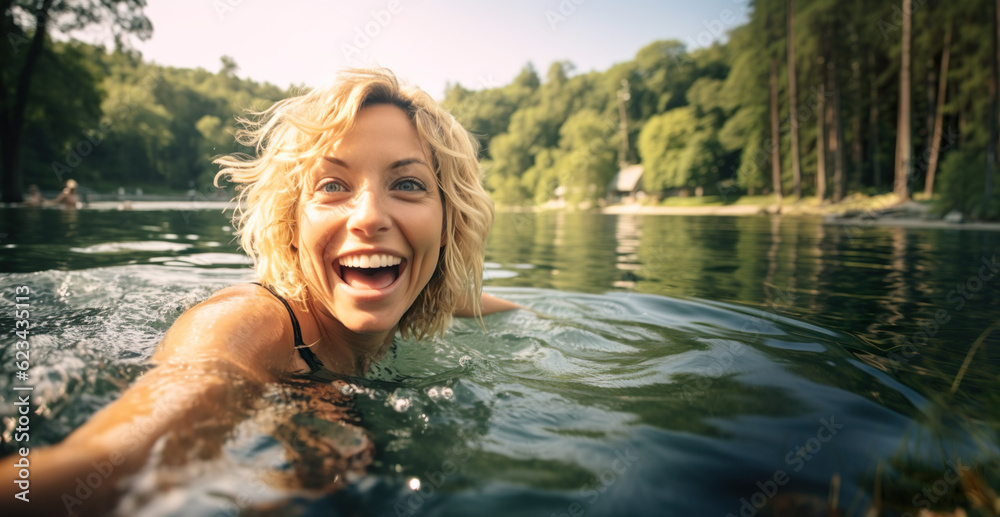 AI generated image of mature happy woman swim in the lake AI generated image of mature happy woman swim in the lake
