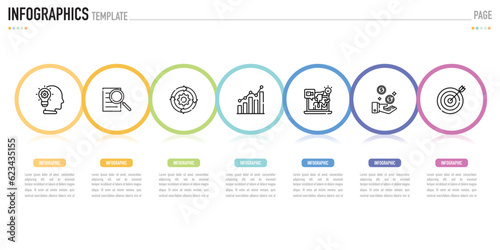 Circular linear infographic template or element with 7 step, process, option, colorful connected circle, label, shadow, minimal style for sale slide, agenda, schedule, flowchart, workflow, calendar