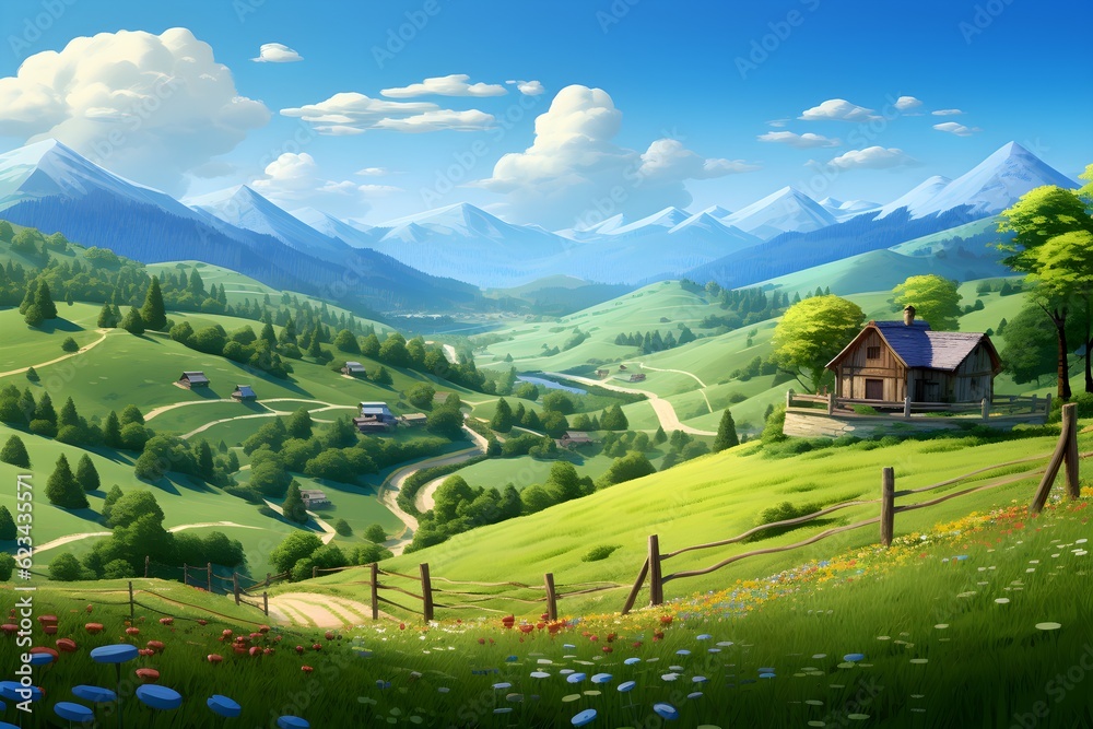 A tranquil countryside scene, with rolling green hills and a quaint farmhouse nestled amidst nature's embrace.
