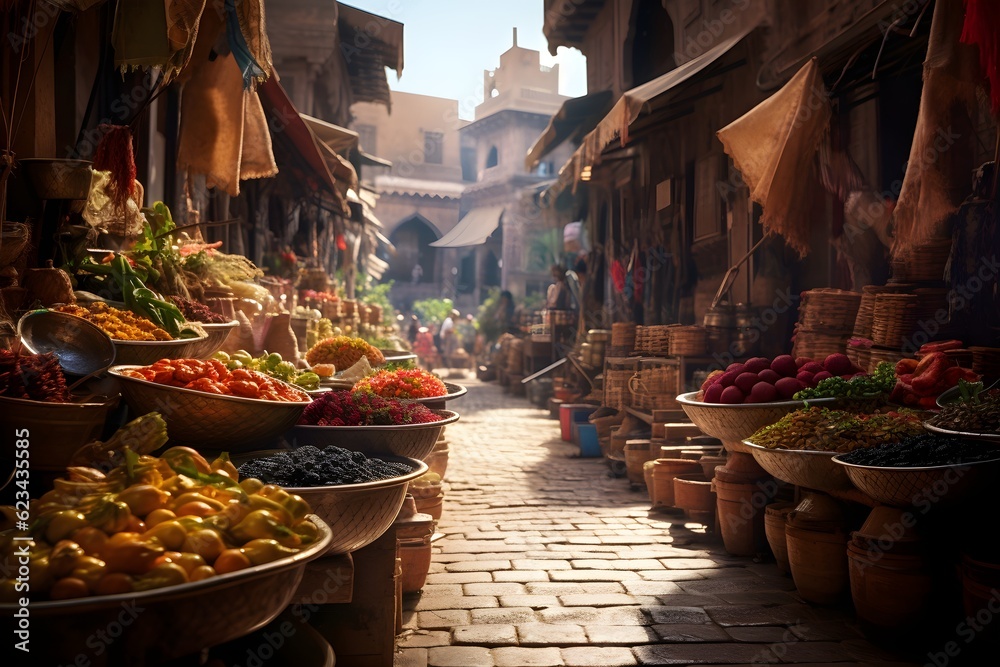 A vibrant street market bustling with activity, filled with colorful ...