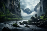 A breathtaking shot of a cascading waterfall, its pristine waters crashing down into a misty abyss.
