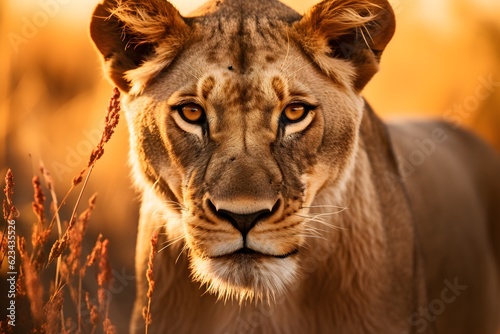 A captivating close-up of a lioness in the African savannah, her intense gaze piercing through the lens.