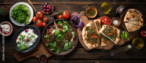 Traditional Greek Food Feast: Selection of Salad, Meze, Pie, Fish, Tzatziki, Dolma on Wooden Background, Top View © Burak Kavakci