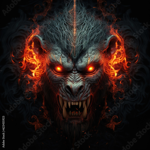 Image of angry demon monkey terrifying and flames on dark background. Wildlife Animals. Illustration, Generative AI.