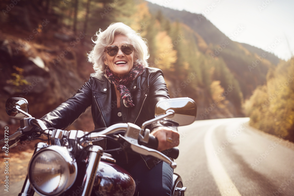 AI generated image of mature senior female on motorbike