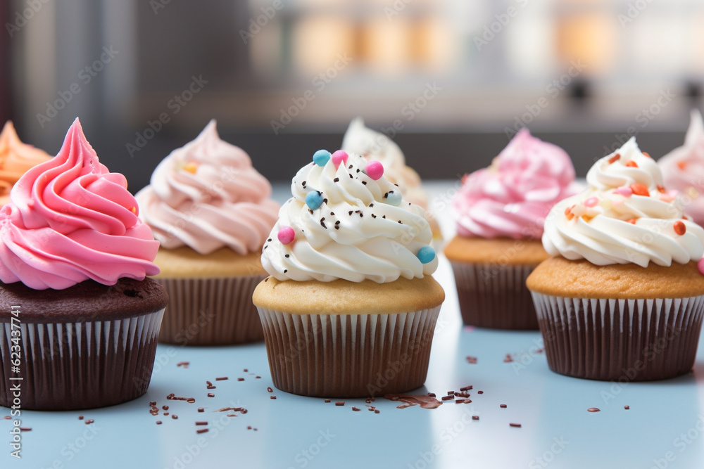 Assorted decorated cupcakes with sweet frosting. Generative AI image.