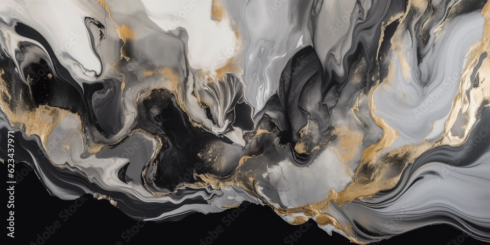 Abstract black, white, gray and gold alcohol ink art background. 
