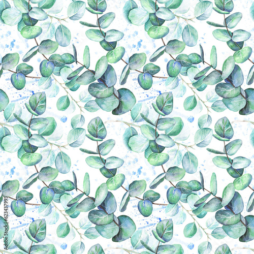 Seamless pattern of leaves of eucalyptus branches with blue gnats. Watercolor illustration isolated on transparent background. The application is designed for printing on textiles, packaging © Marina