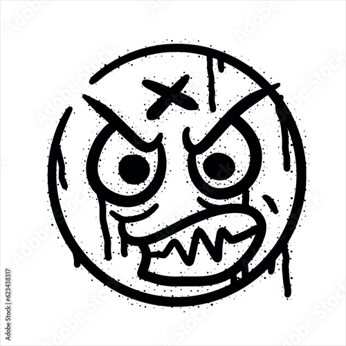 Graffiti grunge face. Cartoon aerosol fun expression. Spray funky paint art with leak and dot. Street art and urban vandalism symbol. Black grungy spill character isolated on white