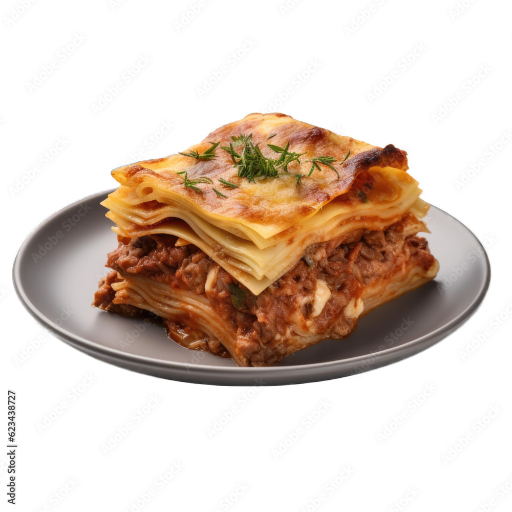 Beef Lasagna isolated on transparent background. Generative AI Beef Lasagna isolated on transparent background. Generative AI