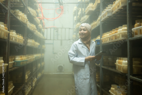 Young asian muslim female scientist doing research at a mushroom factory, examining mushroom leavening agent in a sterile and temperature-controlled room. photo