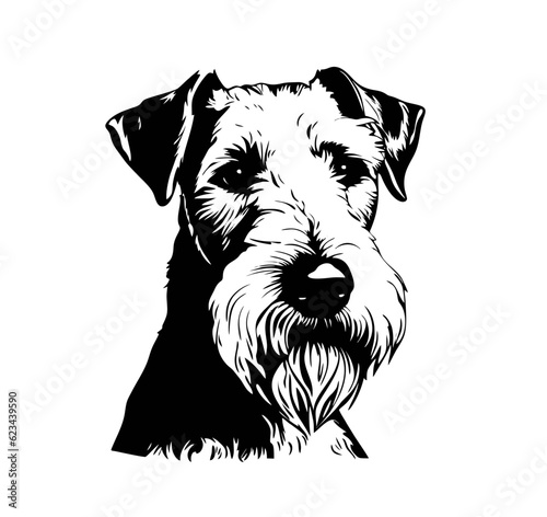 Vector isolated one single sitting Airedale Terrier dog head front view black and white bw two colors silhouette. Template for laser engraving or stencil, print for t shirt