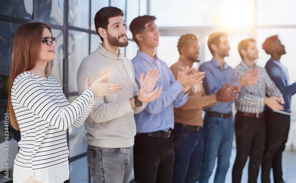 Close up side profile, different participants business people stand and express appreciation by clapping their hands