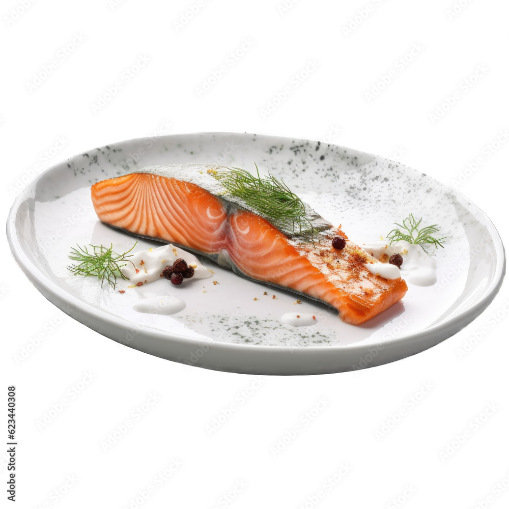 Salmon with Dill Sauce isolated on transparent background. Generative AI Salmon with Dill Sauce isolated on transparent background. Generative AI