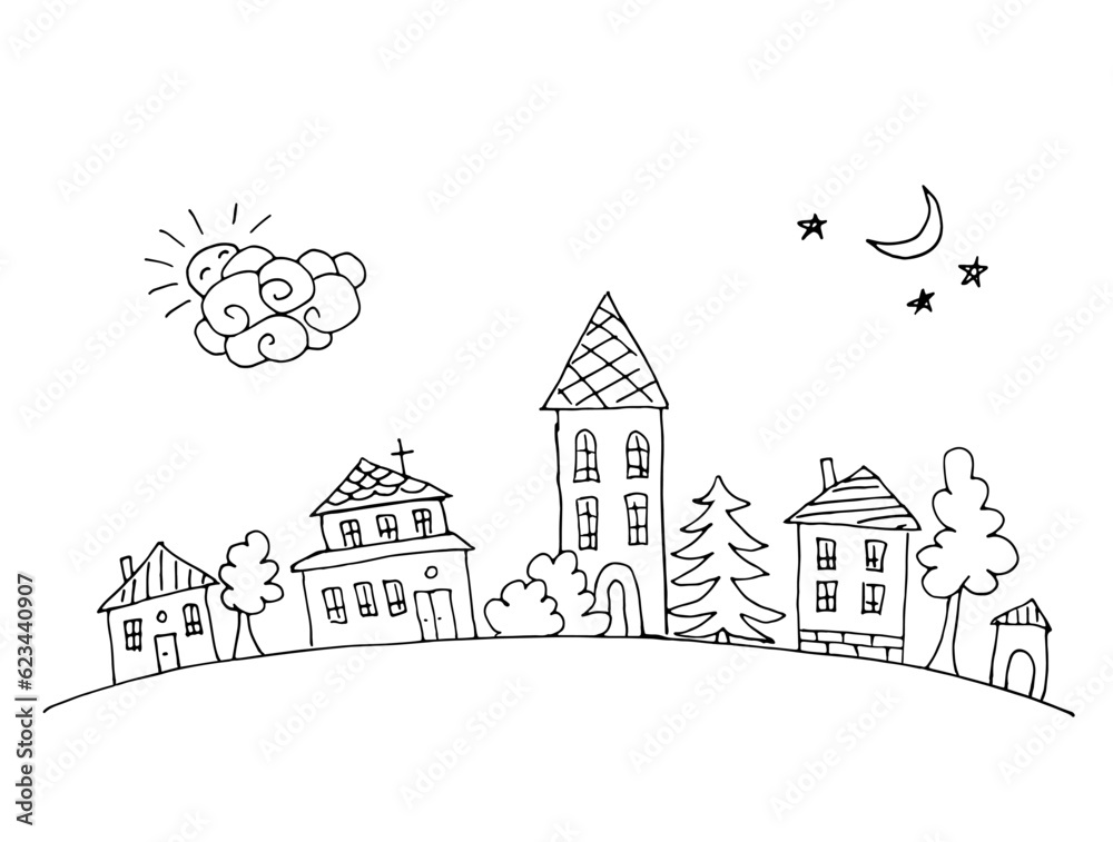 Houses drawn by hand on one line city house icons symbols doodles