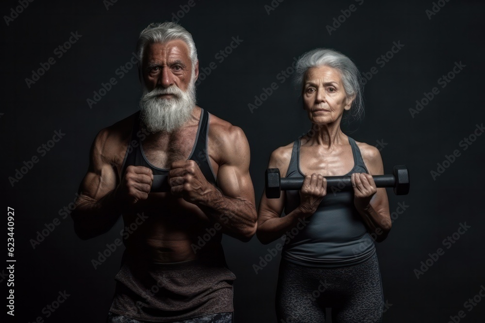 Senior healthy lifestyle concept with fitness couple, man and woman working out at gym. Running and lifting weights