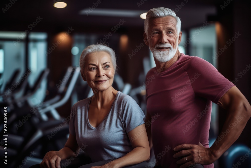 Senior healthy lifestyle concept with fitness couple, man and woman working out at gym. Running and lifting weights Senior healthy lifestyle concept with fitness couple, man and woman working out at gym. Running and lifting weights