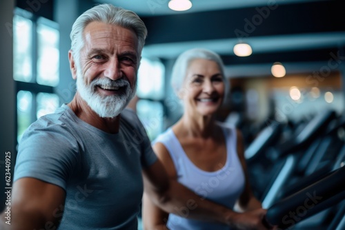Senior healthy lifestyle concept with fitness couple, man and woman working out at gym. Running and lifting weights