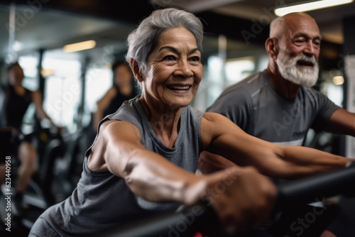 Senior healthy lifestyle concept with fitness couple  man and woman working out at gym. Running and lifting weights