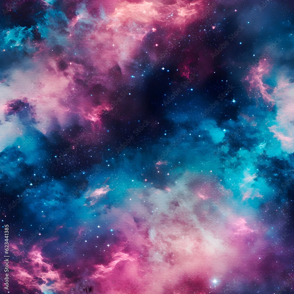 Fototapeta premium Seamless glittered galaxy background, space pattern, nebula backdrop, created with generative AI technology