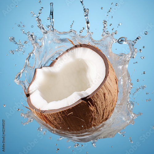 Half Coconut with Dynamic Water Spray Effect, Tropical Fruit, Freshness, Healthy Food, Summer Vibes, White Background, Advertising Stock Photo