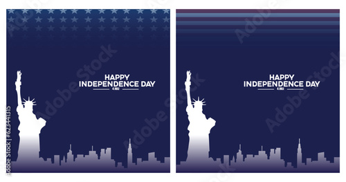 set of united states independence posters, with elements of statue of liberty and city silhouette, american flag background, vector illustration