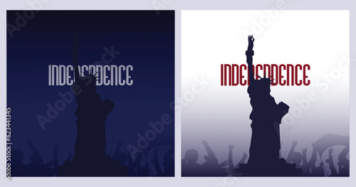 set of united states independence posters, with liberty statue elements and people silhouettes.