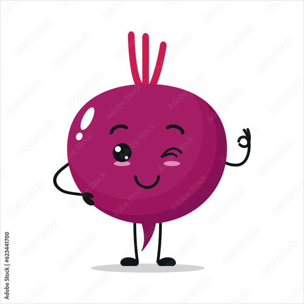 Cute happy beet character. Funny smiling and blink beet cartoon emoticon in flat style. vegetable emoji vector illustration Cute happy beet character. Funny smiling and blink beet cartoon emoticon in flat style. vegetable emoji vector illustration