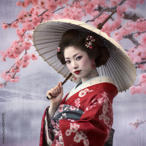 Quadro su tela geisha in Japan with cherry tree and umbrella