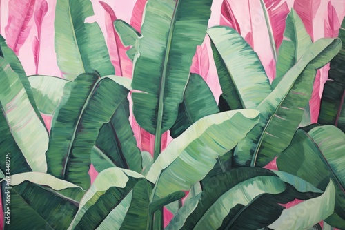 Green Banana Leaves in Vibrant Pink, A Folk and Orientalist Style Painting with Glossy Finish, Generative AI © Phanida