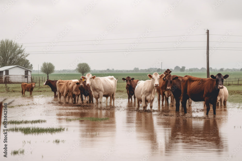 Obraz premium flooded farm with cows generative ai
