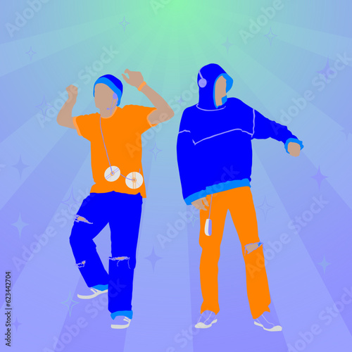 Two men dancing at a computer-themed retro party