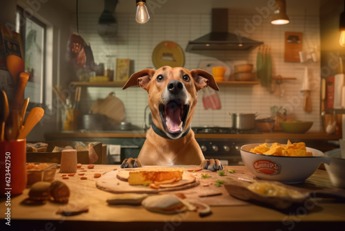 funny dog at the kitchen table generative ai © Poter
