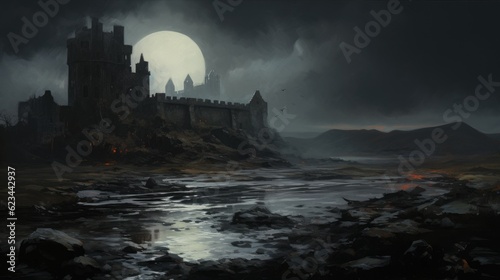 Fotografiet Imaginary medieval Scottish castle on a rocky cliff near the cold north Atlantic