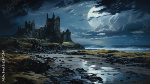 Imaginary medieval Scottish castle on a rocky cliff near the cold north Atlantic ocean at midnight hour, misty sea breeze and dark eerie moonlit cloud cover - generative AI