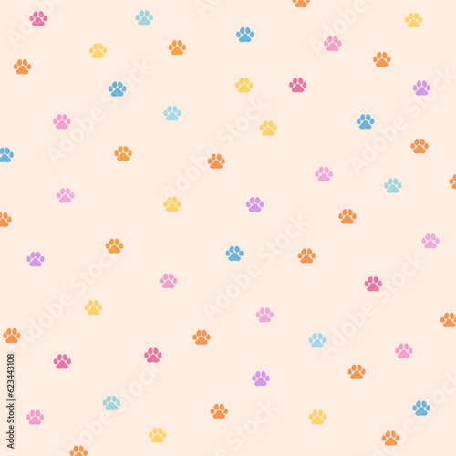 Colourful puppy paw pattern for animal print, dog wallpaper, background, pet lover, vet, pet shop, backdrop, fabric, clothes, shirt print, textile, garment, kids, toddler, baby, paper, gift wrap