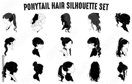 Ponytail Hair Silhouette Vector art set  Pony tail hairstyle Silhouettes  Ponytail black silhouette Clipart collection