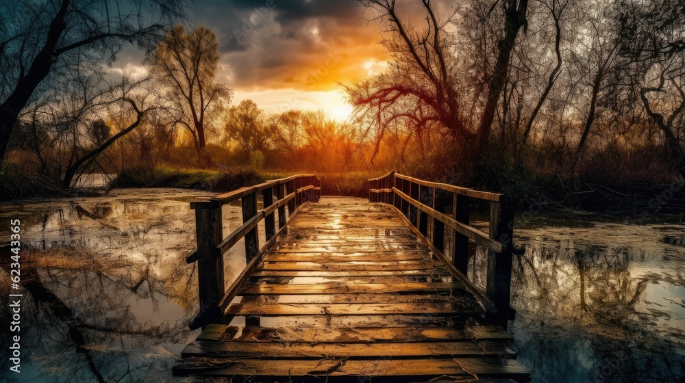 a wooden bridge over a body of water, a picture, romanticism, sun after a storm a wooden bridge over a body of water, a picture, romanticism, sun after a storm
