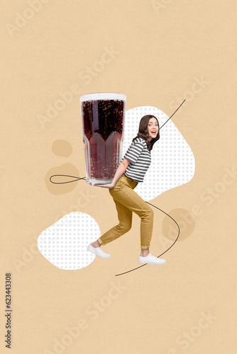 Vertical collage image of crazy funky mini girl arms hold carry huge heavy soda drink glass isolated on beige background
